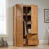 A wooden armoire displaying various clothes and shoes, highlighting an organized and stylish storage solution.